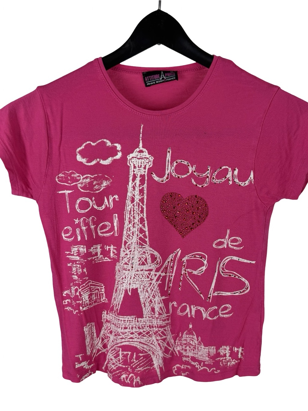 Vintage Y2K Women’s Attitude Paris Baby Style Rhinestone Tourist Shirt Size S